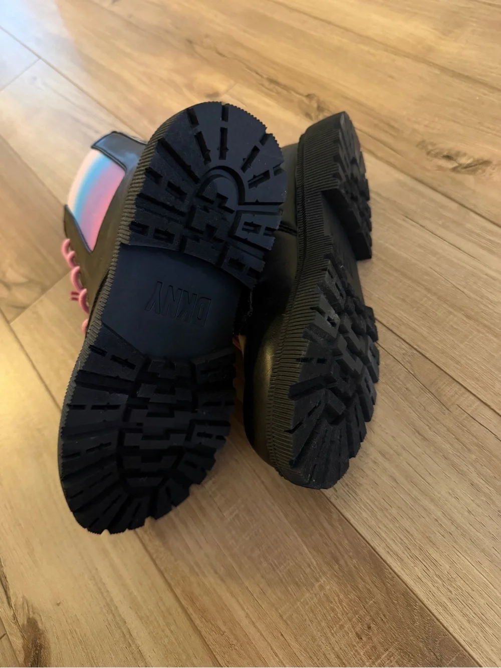 DKNY Girls Black Combat Boots with Pink Laces and Ombre Panel